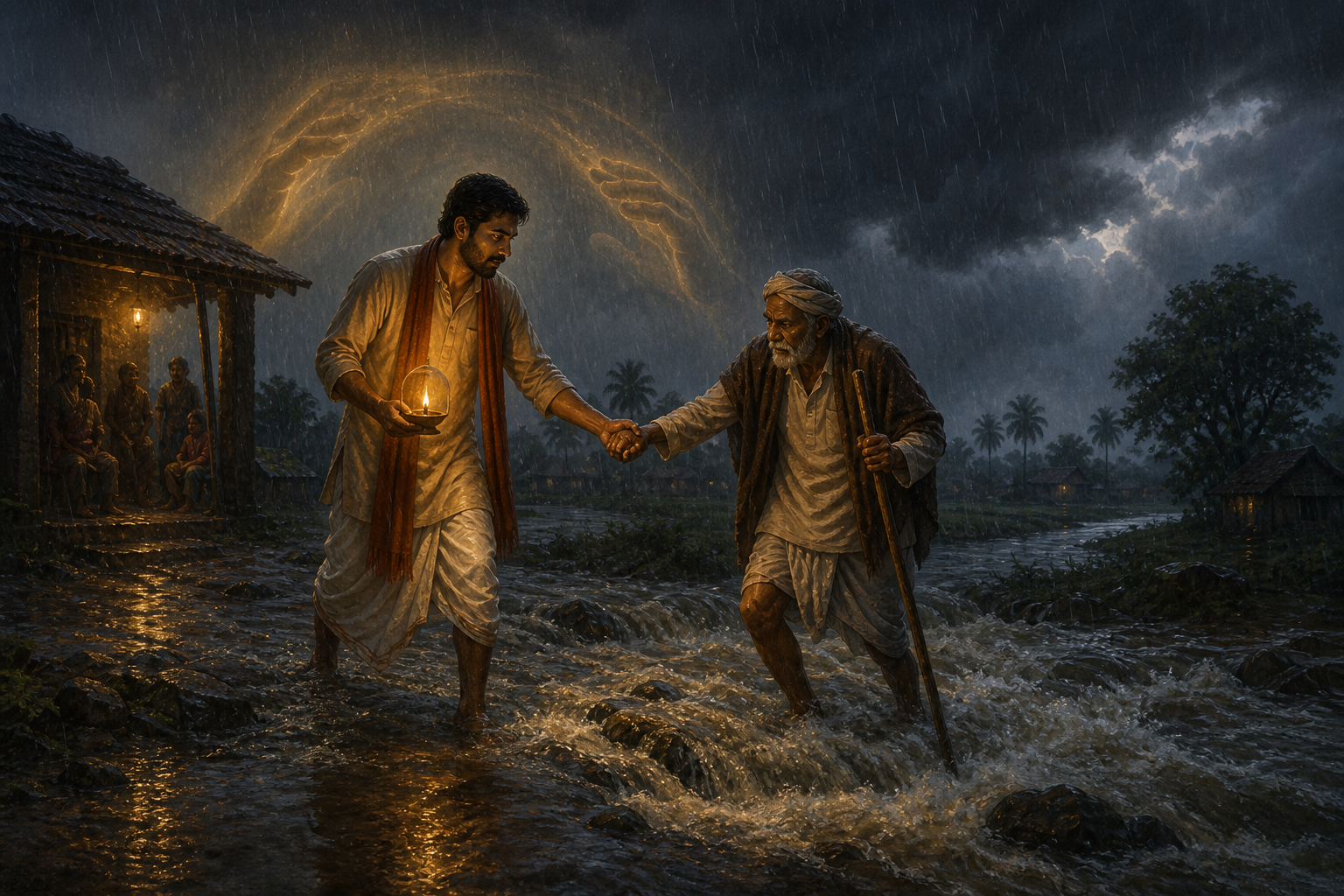 A lamp-bearing devotee helps an elderly traveler cross a flooded village road while a warm arc of light forms a protective presence behind them.