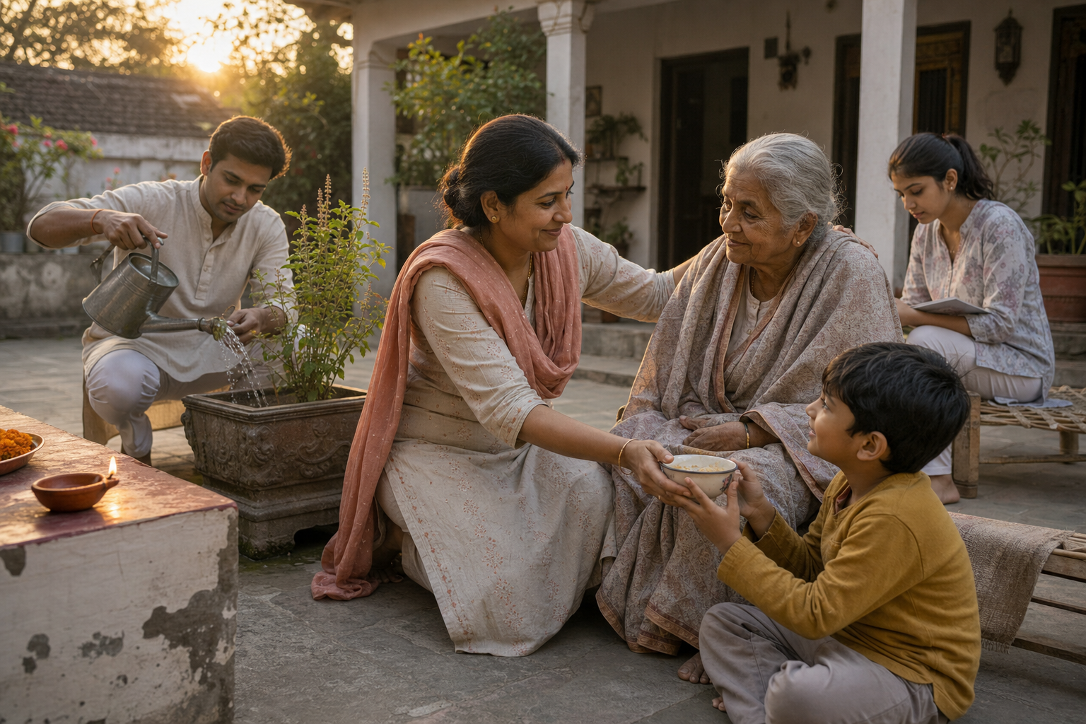 Members of an Indian household care for an elder, feed a child, water a tulsi plant, and study beside a glowing oil lamp at dawn.