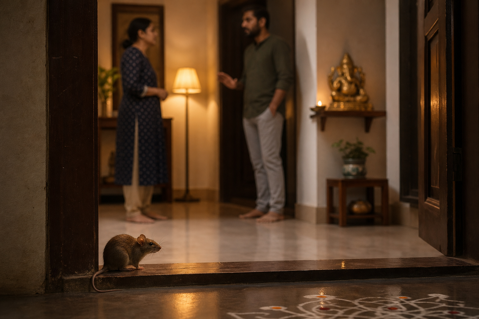 A small brown mouse pauses at a household threshold while two adults stop during a tense conversation, with a brass Ganesha murti on a shelf behind them.