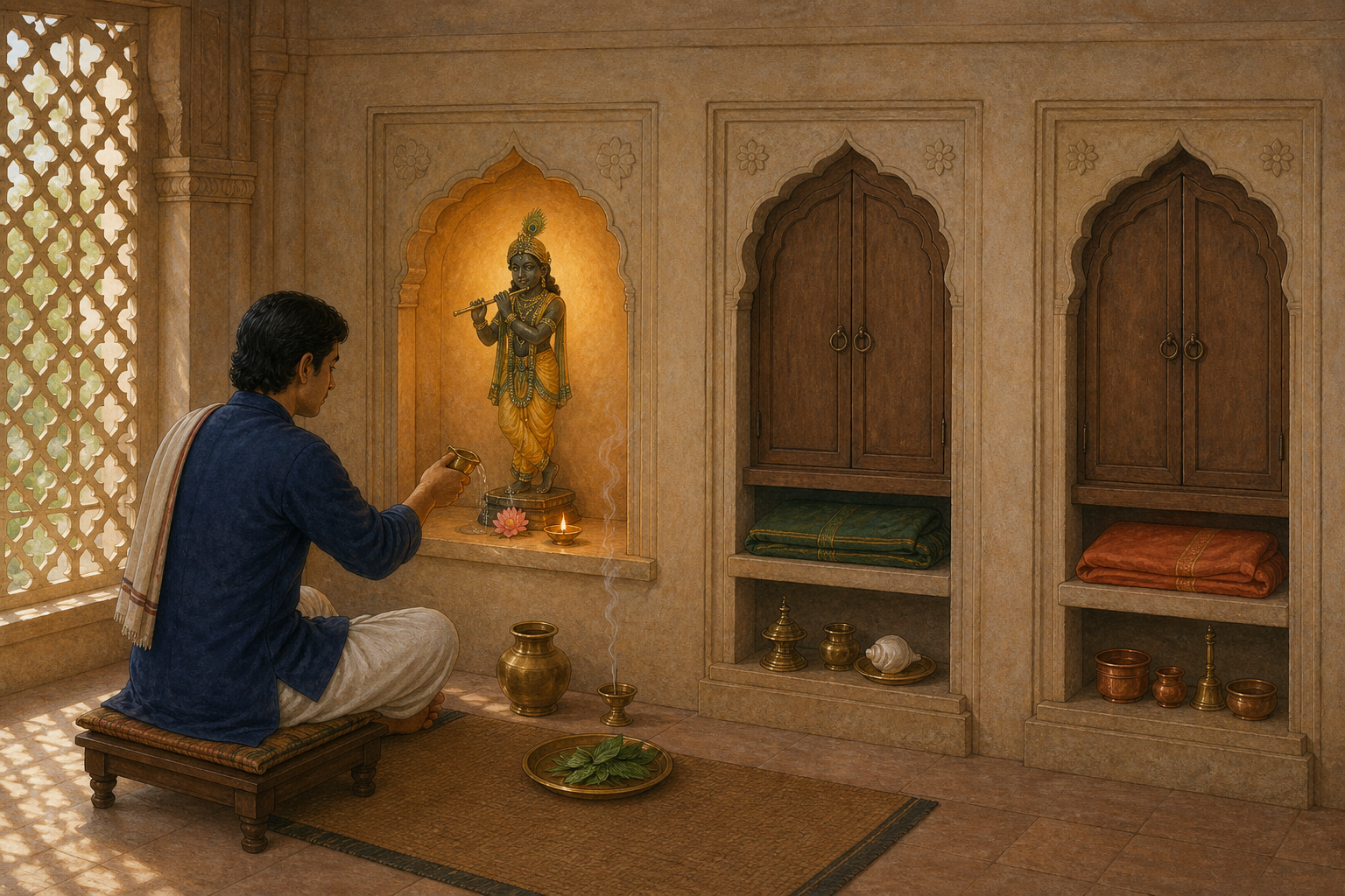 A devotee worships at one simple shrine niche while two other ritual spaces remain separately arranged and respectfully closed along the same wall.