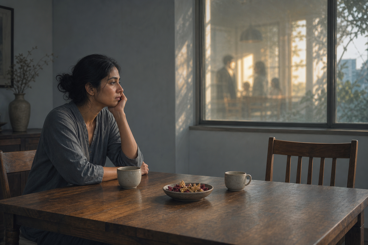 A woman sits at a dining table opposite an empty chair, with two cups and dried flower petals in the quiet morning light.