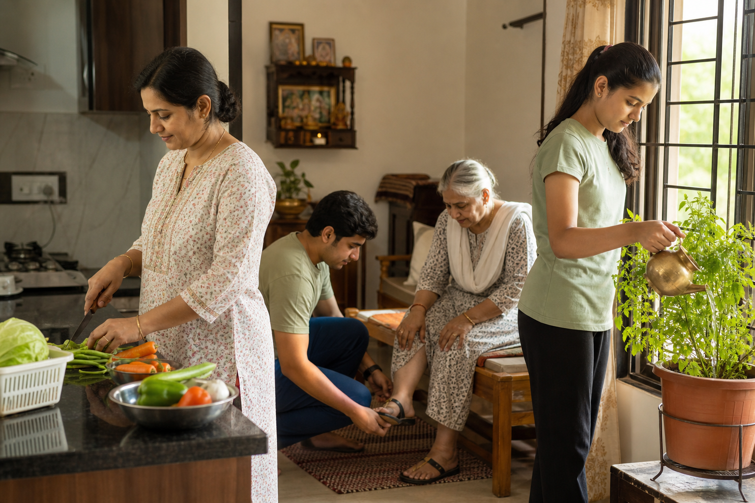 Family members prepare vegetables, help an older adult with a sandal, and water a tulsi plant in a sunlit home.