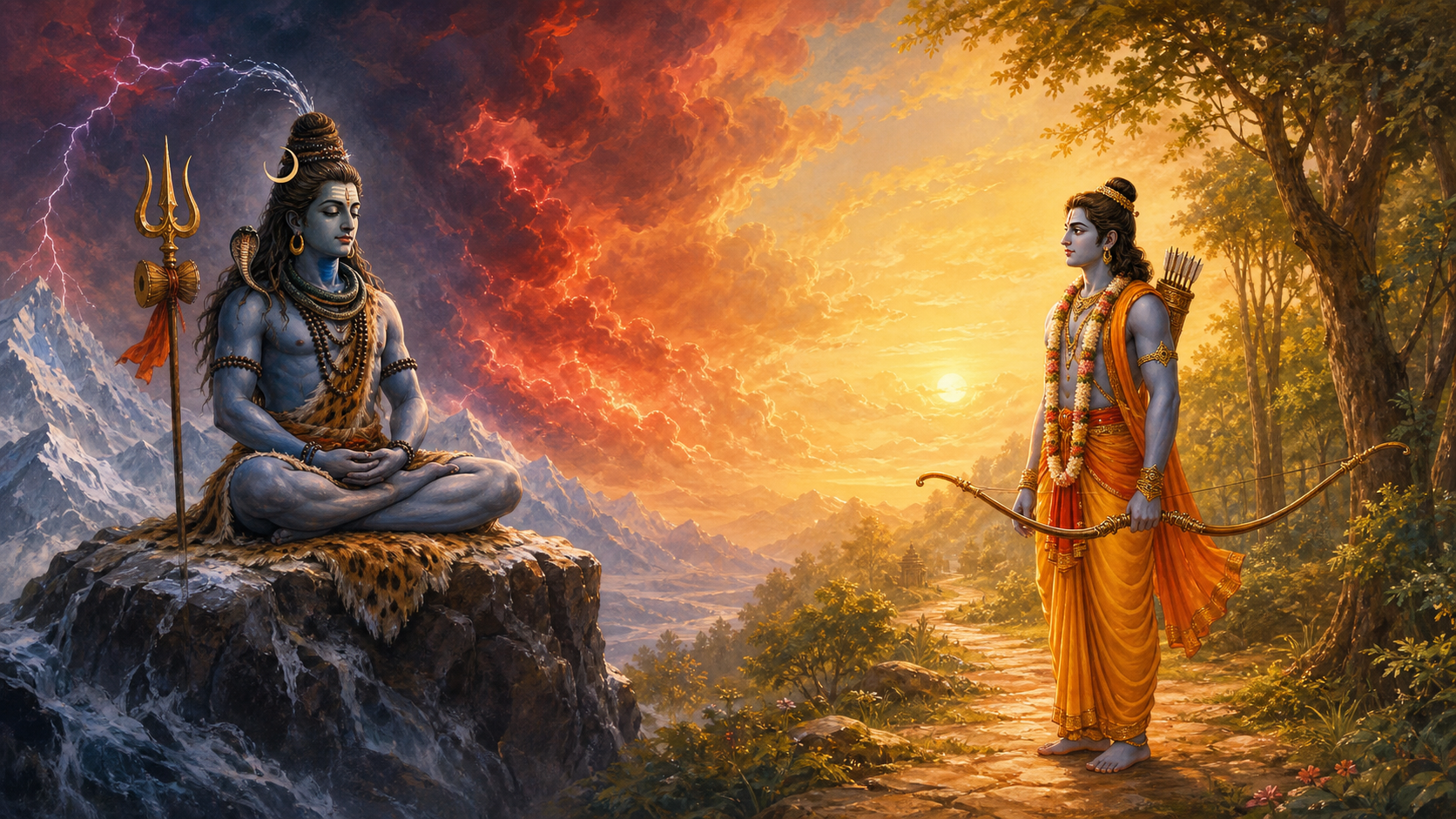 Lord Shiva meditates beside a trident in the Himalayas while Lord Rama stands with a lowered bow on a dawn-lit forest path.