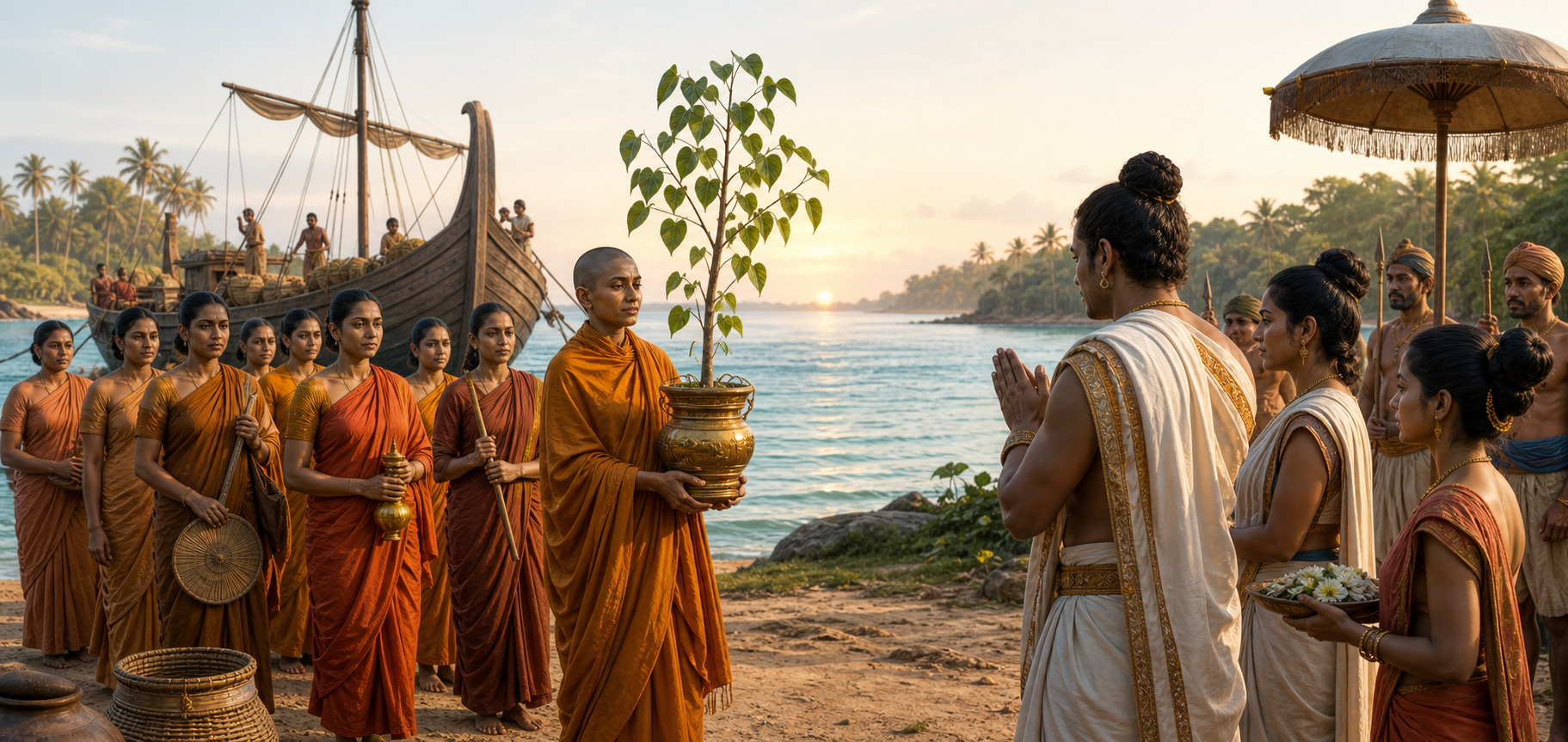 An ancient Buddhist nun accompanies a Bodhi sapling ashore as Sri Lankan representatives welcome a delegation arriving by wooden ship.