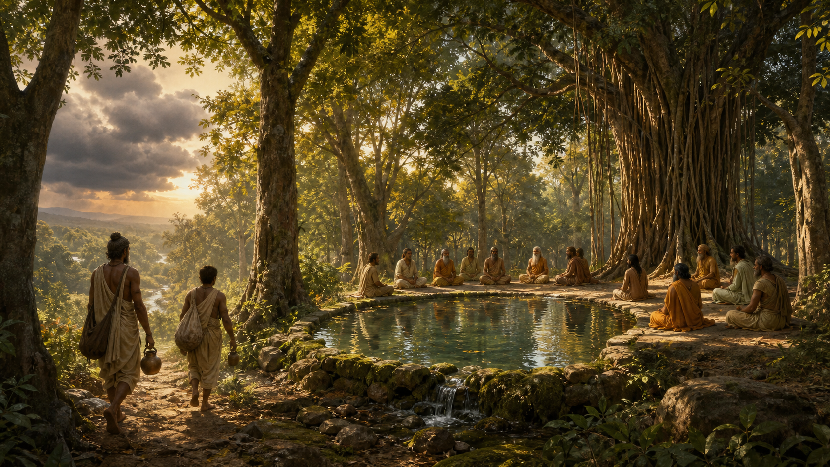 Pilgrims approach a dawn-lit forest grove where sages sit beside a calm circular pool beneath large banyan and peepal trees.