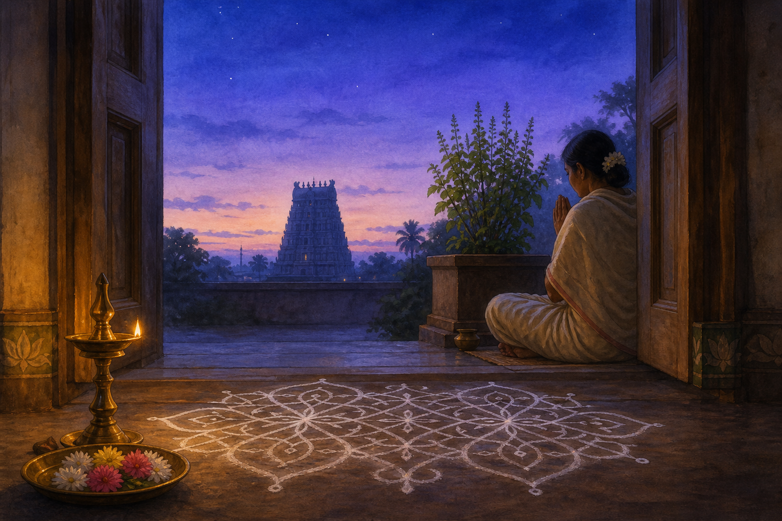 A devotee prays beside a glowing brass lamp and a white kolam at a South Indian home before sunrise, with a temple tower in the distance.