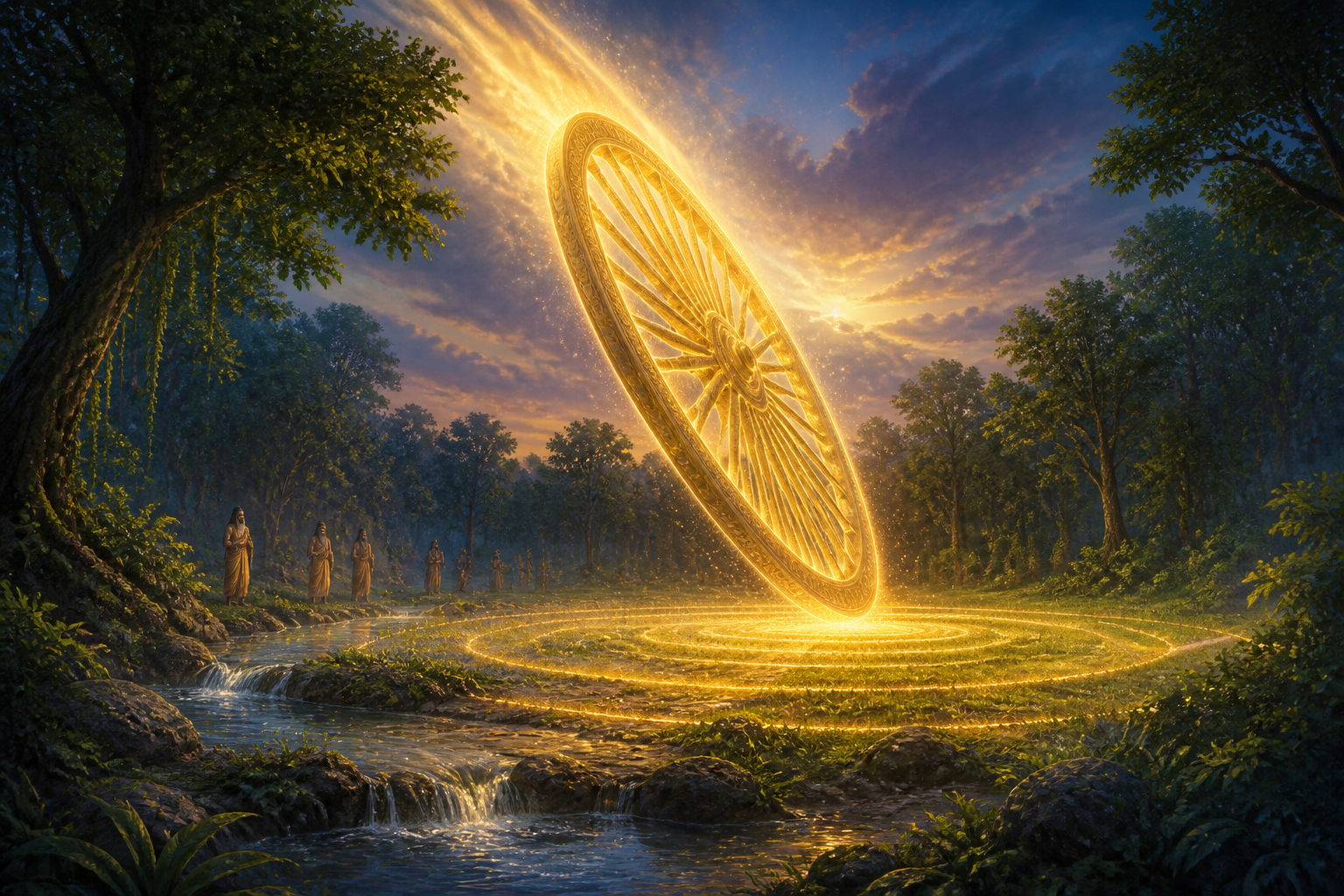 A luminous many-spoked wheel touches down in a forest clearing as distant sages watch from among the trees.