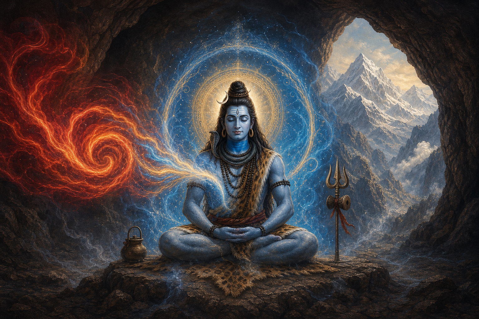 Lord Shiva meditates in a mountain cavern as red-orange energy changes into a calm blue and gold halo around him.