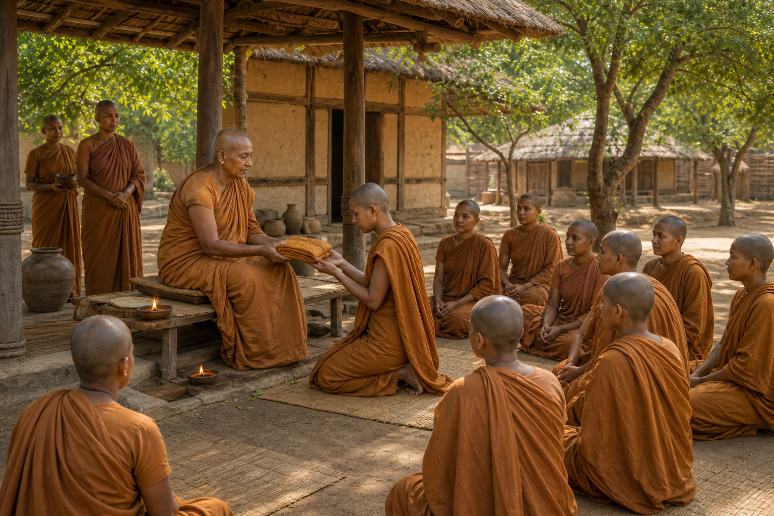 A senior Buddhist nun teaches a circle of newly ordained women in a simple courtyard in ancient Anuradhapura.