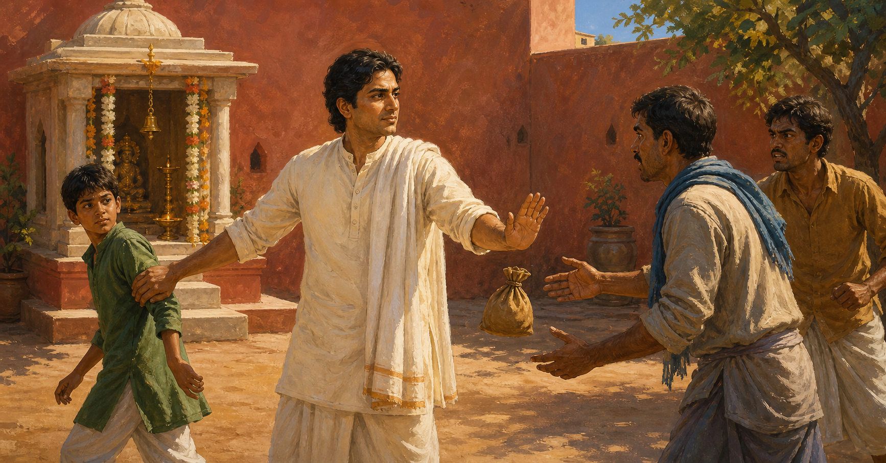 A devotee returning from a small shrine calmly stops a courtyard dispute, returns a dropped pouch, and guides a younger person away from danger.