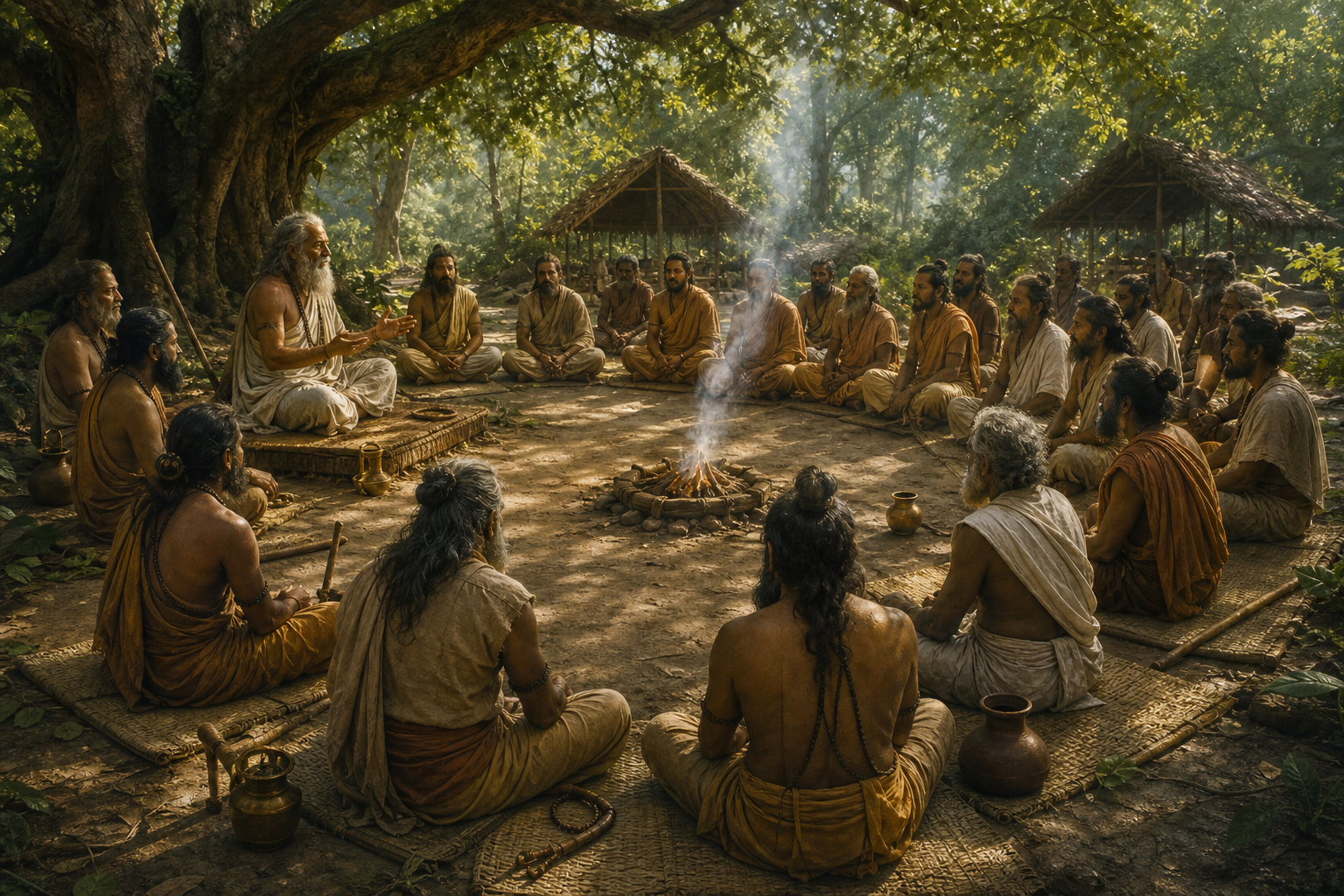 A large circle of sages listens to an elder speaker beside a small ritual fire in a shaded forest grove.