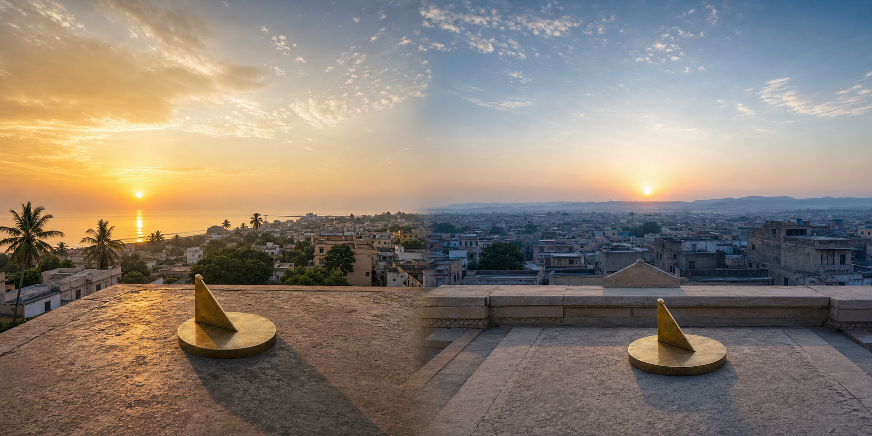 Two Indian city terraces under a shared dawn sky, with the sun at different heights and matching brass instruments casting different shadows.