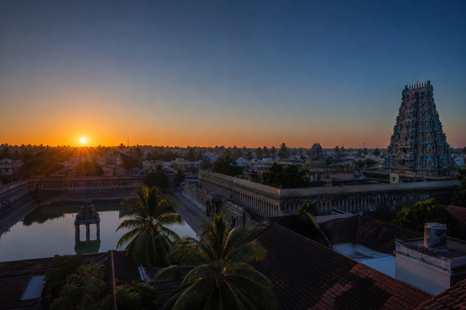 The winter sun rises over a South Indian temple town, casting early golden light across a temple tank, tiled roofs, palms, and a gopuram.
