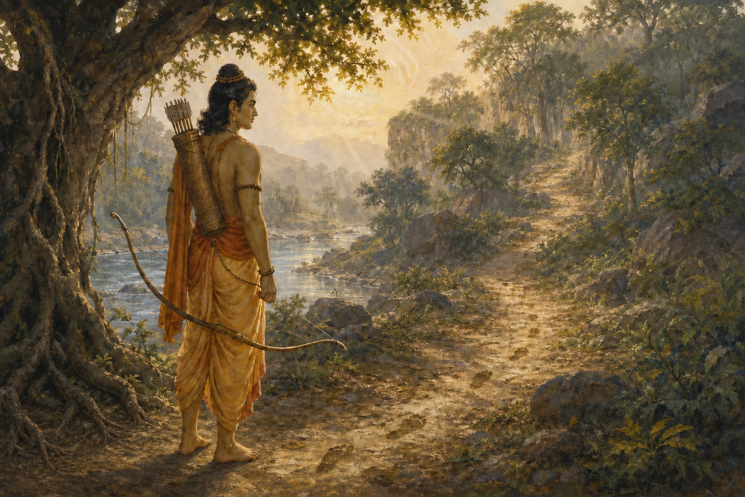 Lord Rama pauses beneath a tree beside a river, holding a lowered bow while studying a rocky forest path ahead.