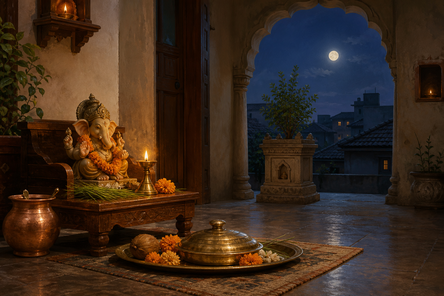 A moonlit Hindu home courtyard with a Ganesha altar, brass lamp, ritual offerings, and a tulsi plant.