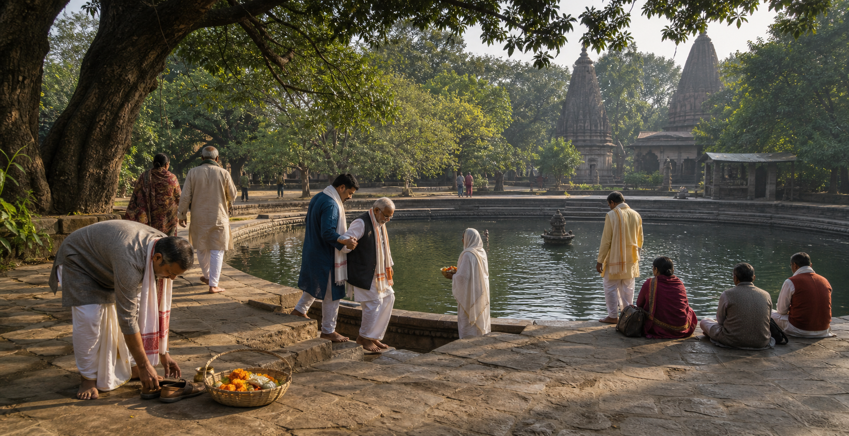 Pilgrims walk beneath trees toward a circular sacred pool, assist an elderly visitor on the steps, and sit quietly nearby.