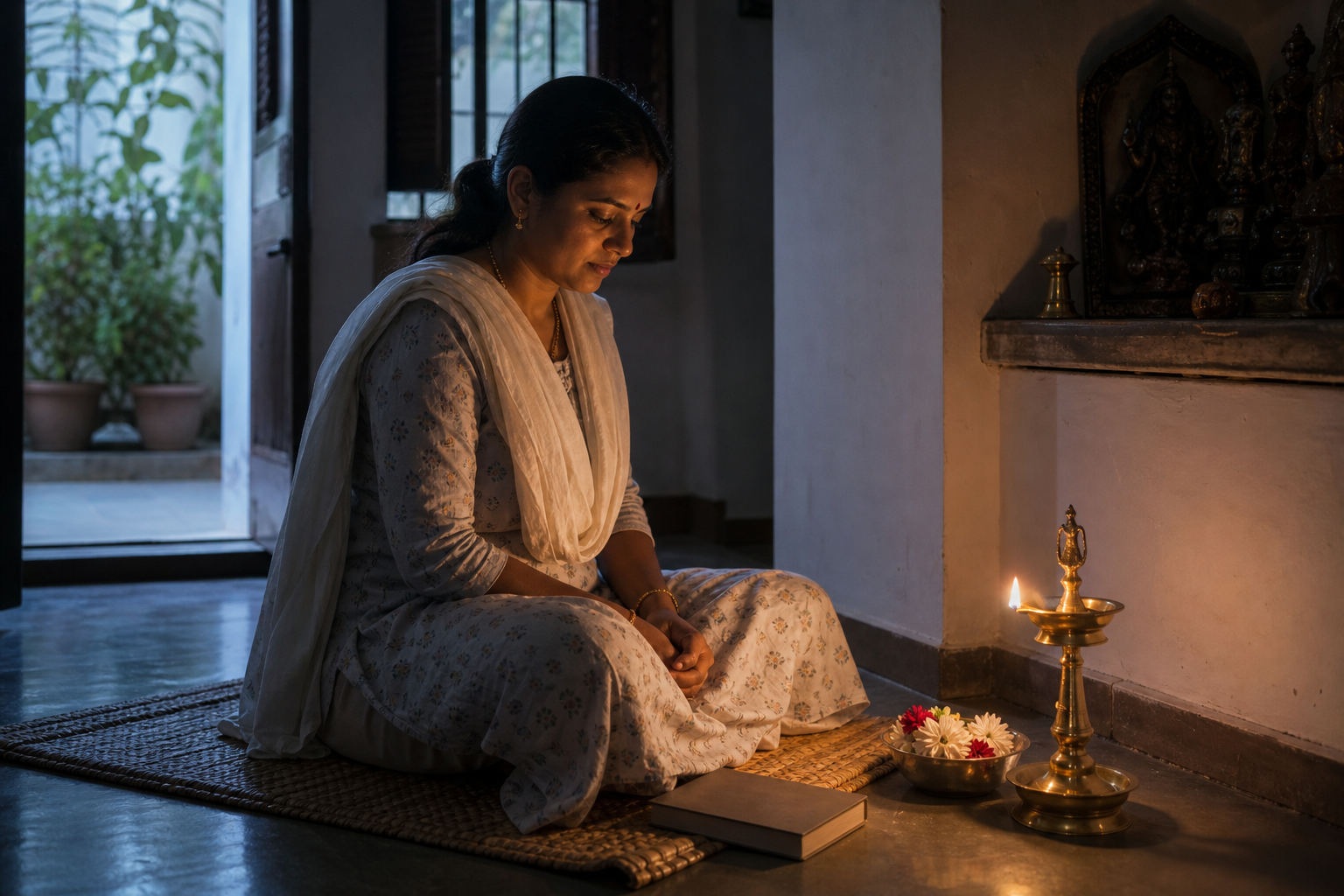 An adult devotee follows a simple predawn prayer practice on a woven mat beside a brass oil lamp and a bowl of flowers.