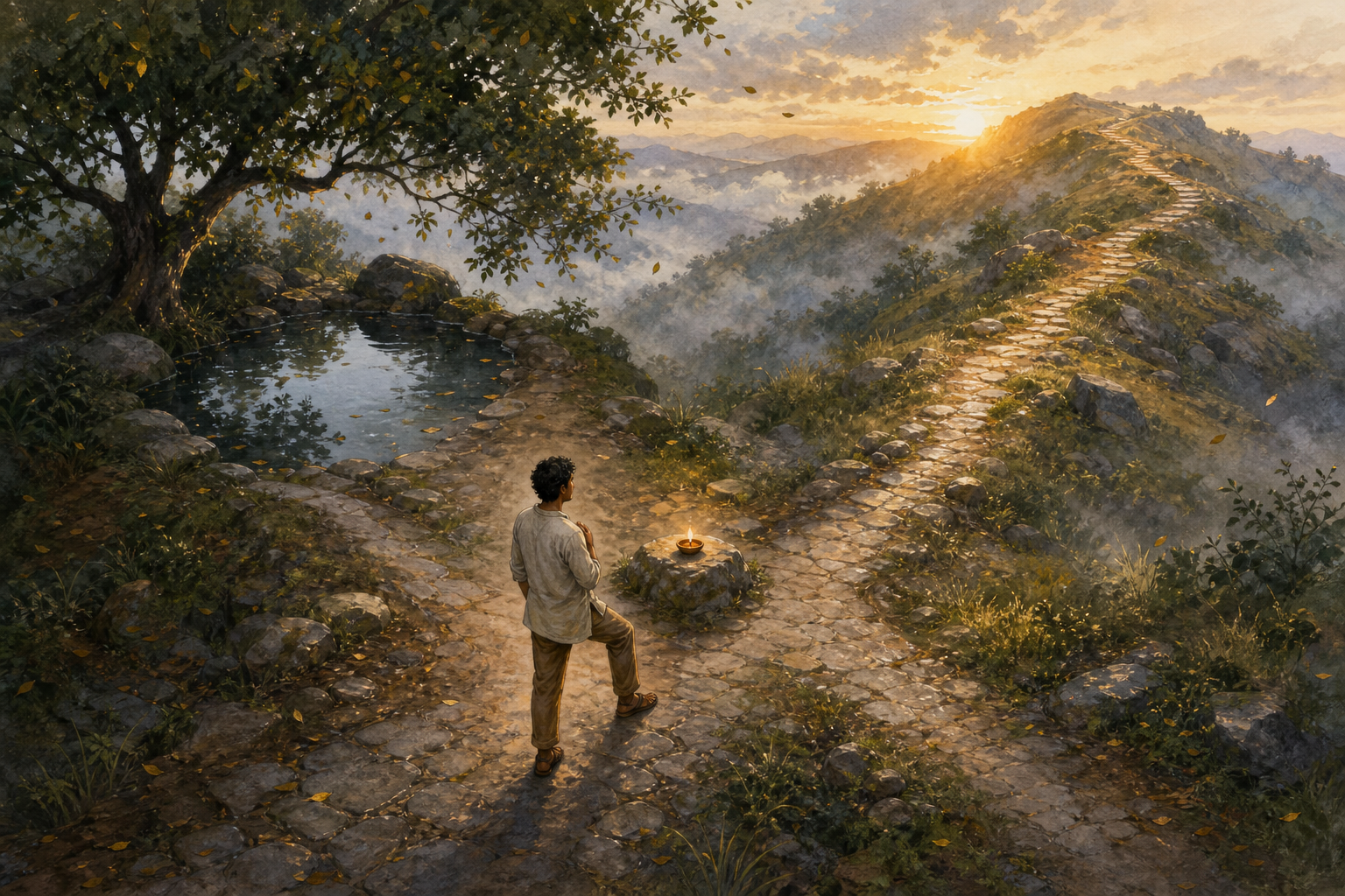 A person pauses at a fork between a shaded pool and a sunlit uphill path, with an oil lamp glowing on a central stone.