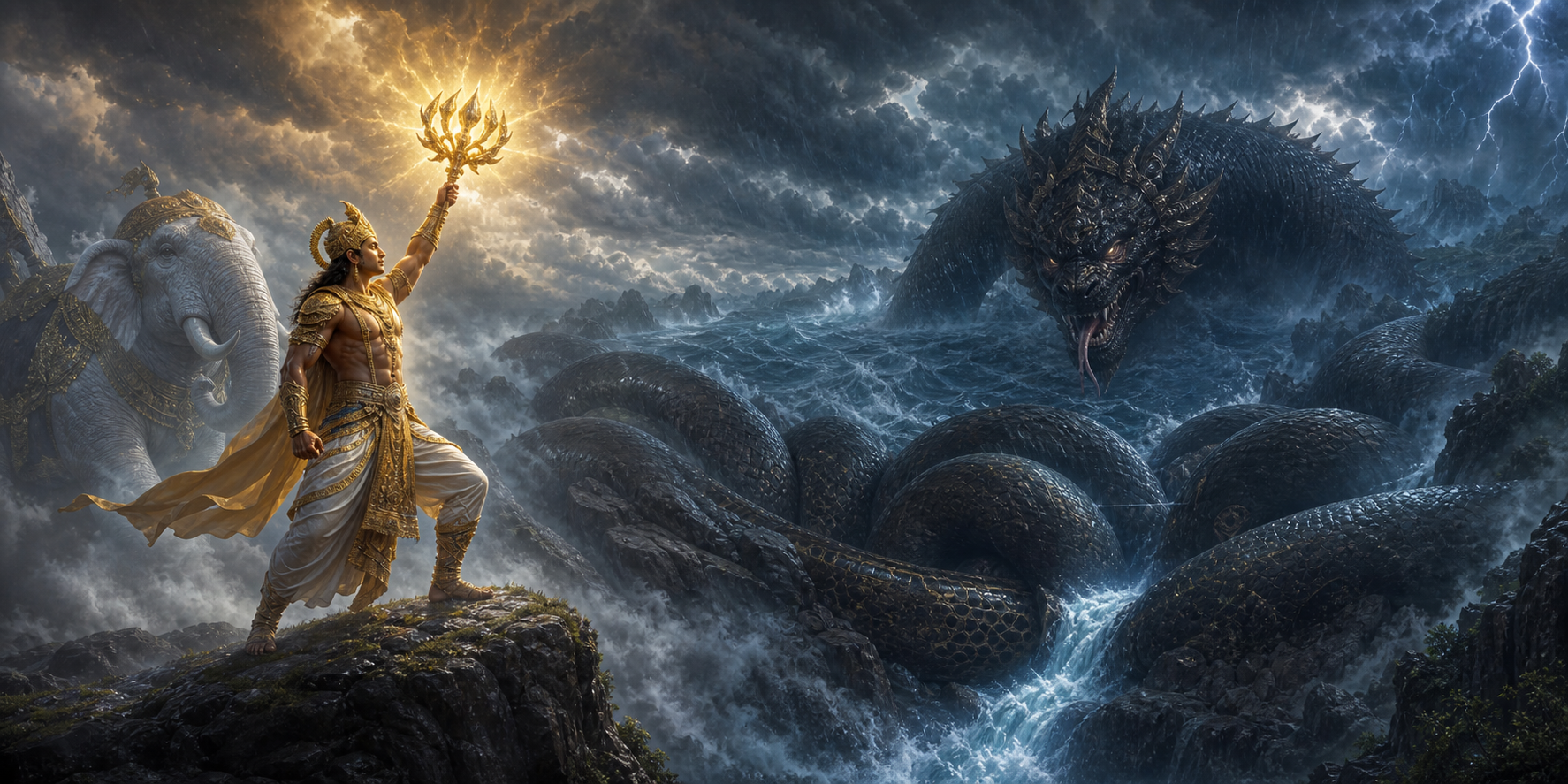 Indra raises a glowing vajra toward the serpent-demon Vritrasura, whose coils block waters inside a mountain gorge.