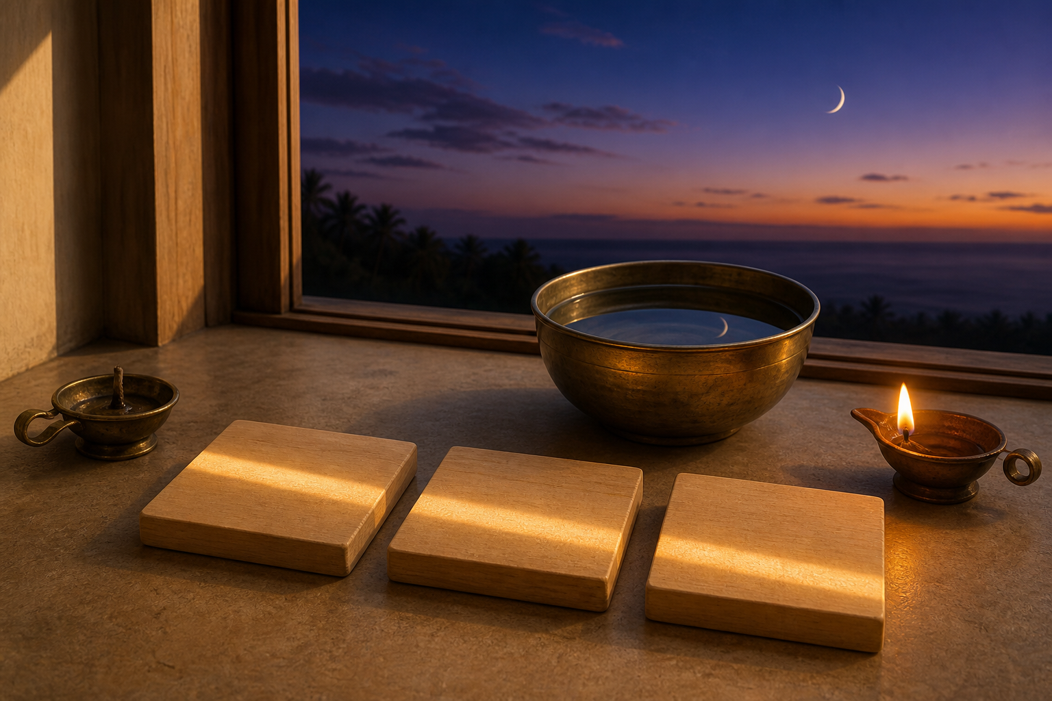 Three unmarked date tiles beside a moon reflection and two lamps, illustrating a lunar interval crossing civil days.