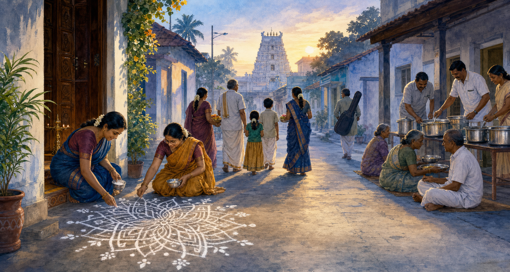 At dawn in a South Indian temple neighborhood, women draw a kolam, families carry flowers toward a temple, and volunteers serve a community meal.