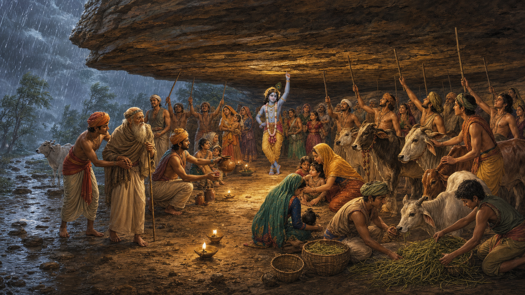 Villagers care for elders, children, and cattle beneath Govardhan Hill while Krishna holds the mountain and cowherd men raise their staffs in readiness to help.