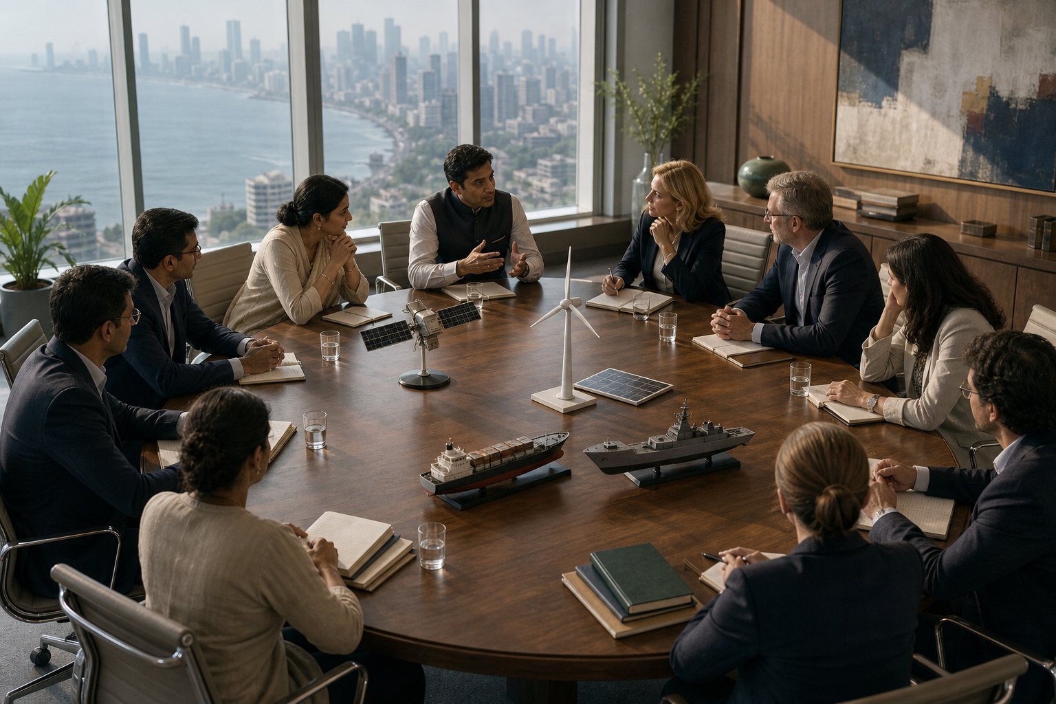 Anonymous Indian and European delegates meet around a conference table with models representing space, clean energy, maritime cooperation, trade, and education.