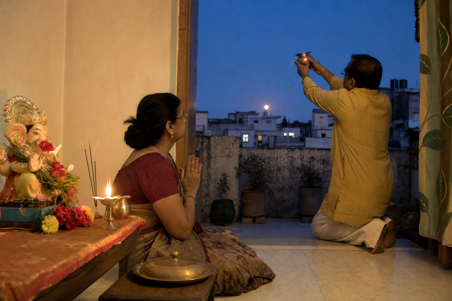 Devotees perform Sankashti evening worship at a Ganesha altar as the moon rises above nearby rooftops.