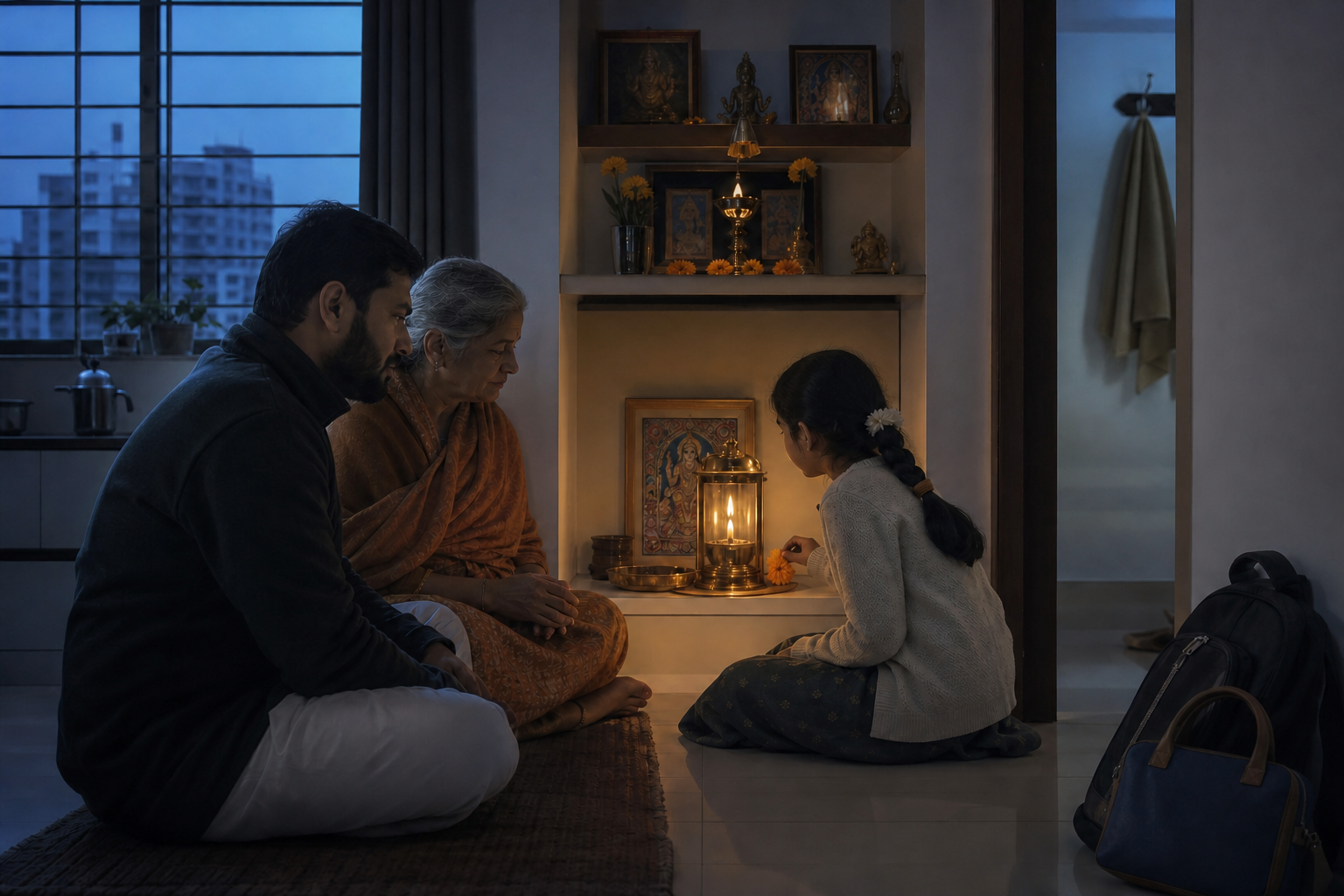 Three generations share a simple predawn observance in an urban apartment, with a flower and lamp at the prayer shelf and work and school bags by the door.