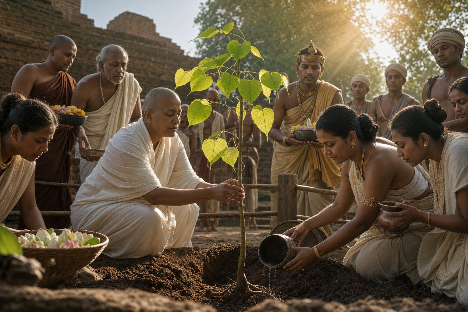 A Buddhist nun steadies a young Bodhi tree as monastics, royal attendants, and laypeople gather for its planting in ancient Anuradhapura.