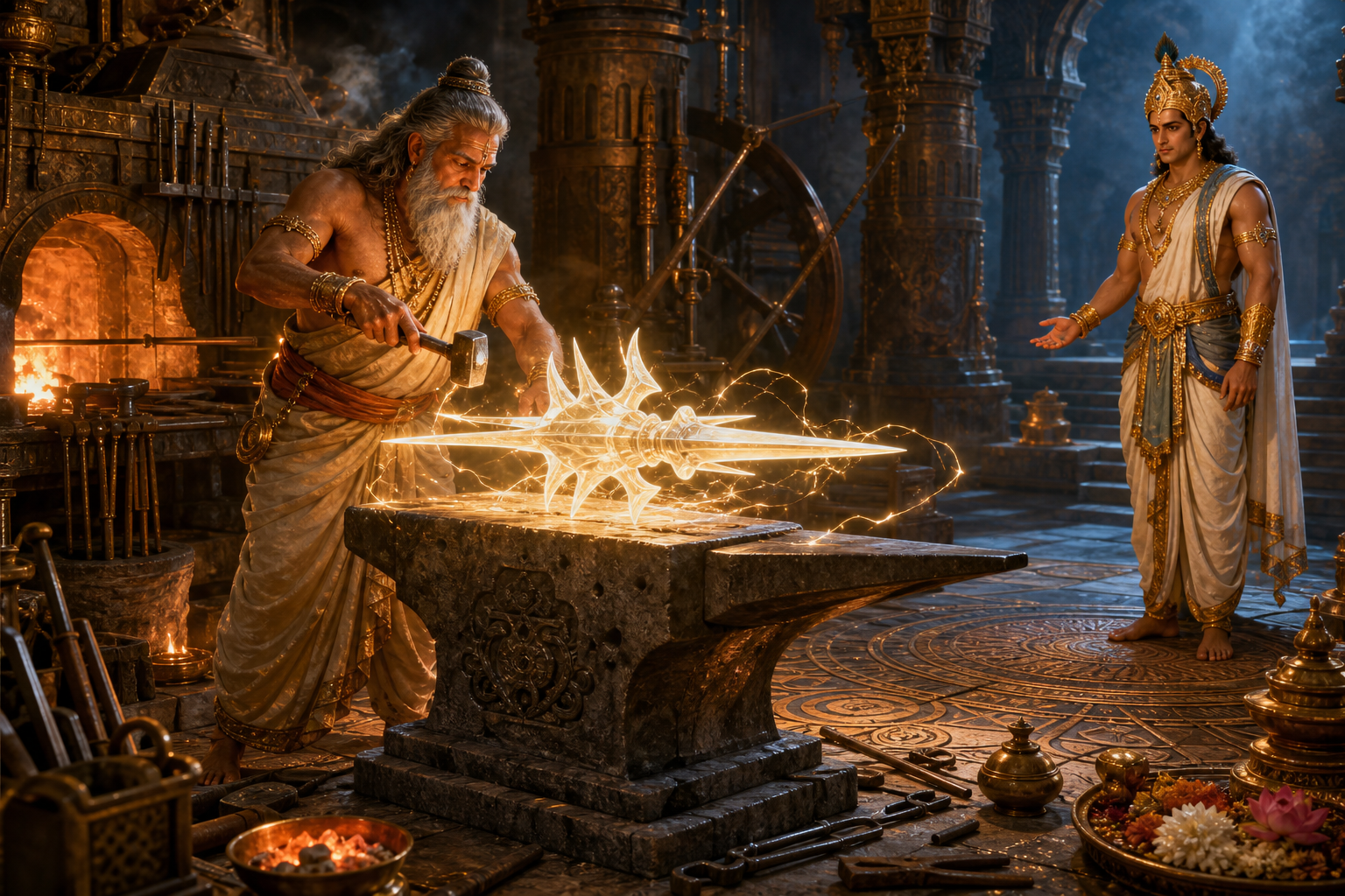Vishvakarma shapes a luminous many-pronged vajra on an anvil while Indra waits inside a celestial forge.