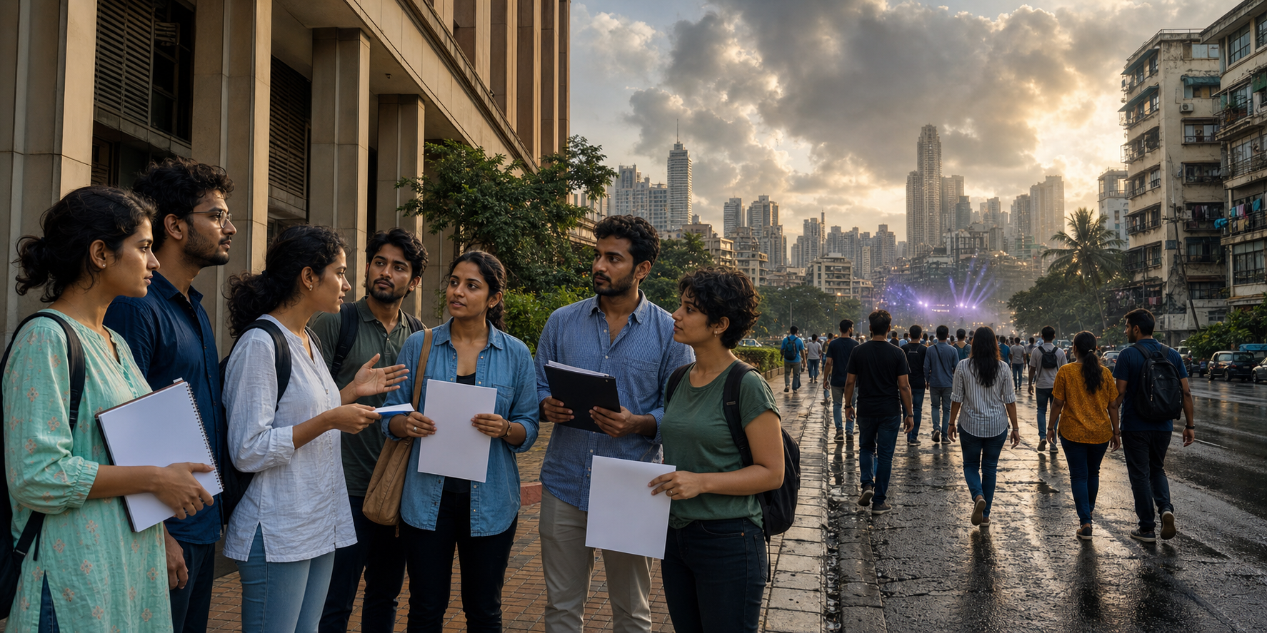 Young Mumbai residents calmly organizing a civic petition near a municipal building while a distant music gathering glows beneath the city skyline.