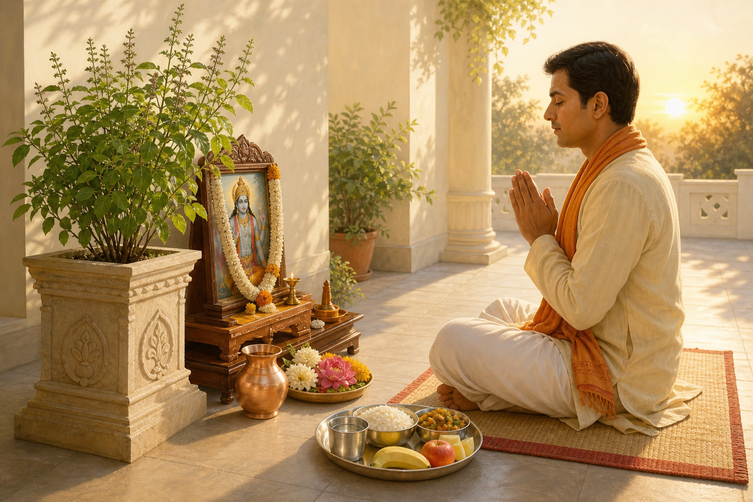 A devotee concludes a Dwadashi observance at dawn beside a tulsi plant, with water and a simple meal prepared nearby.