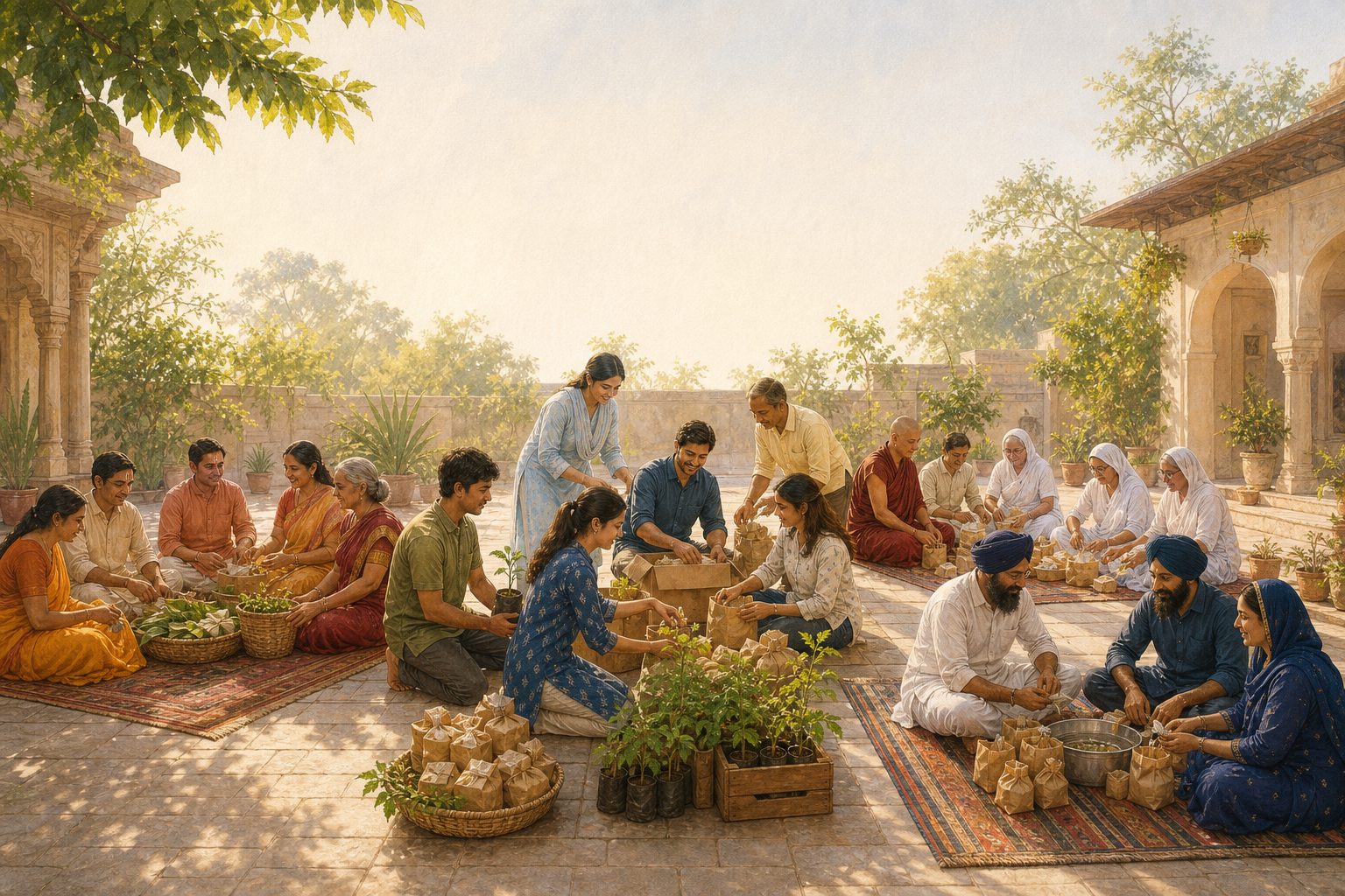 Hindu, Buddhist, Jain, and Sikh community members in a sunlit courtyard prepare food parcels and tree saplings together while gathering in distinct groups.