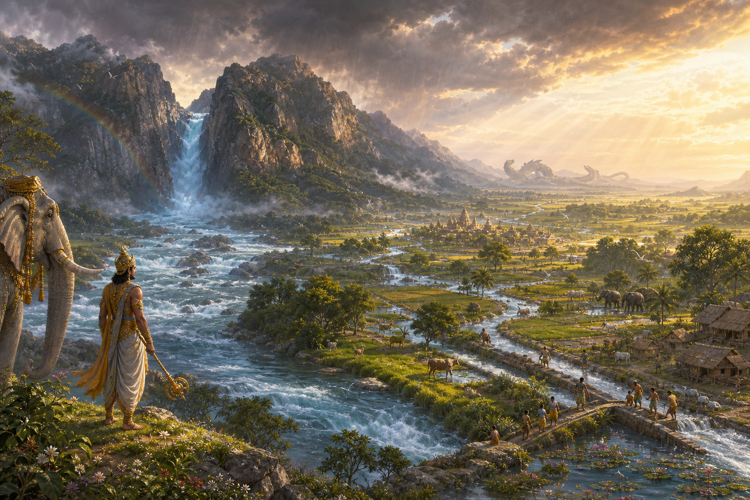 Released rivers flow from a reopened gorge into green fields and villages as Indra watches with his vajra lowered.