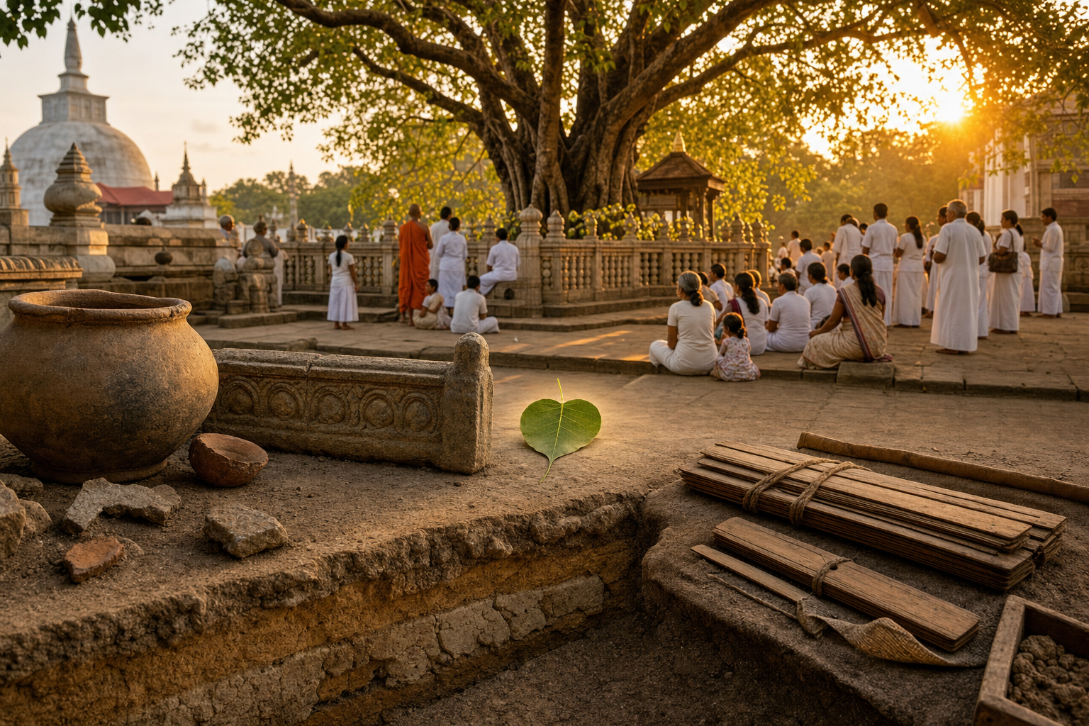 Ancient artifacts and closed palm-leaf folios appear in the foreground while devotees gather around an old Bodhi tree in the distance.