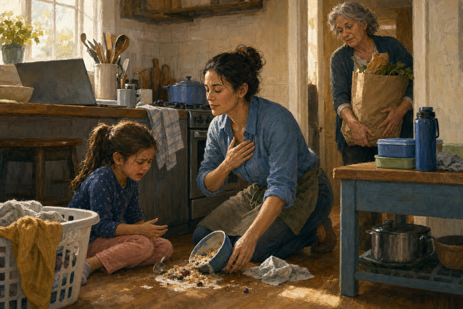 A householder calmly helps a child beside a spilled bowl while an older family member enters a busy kitchen.