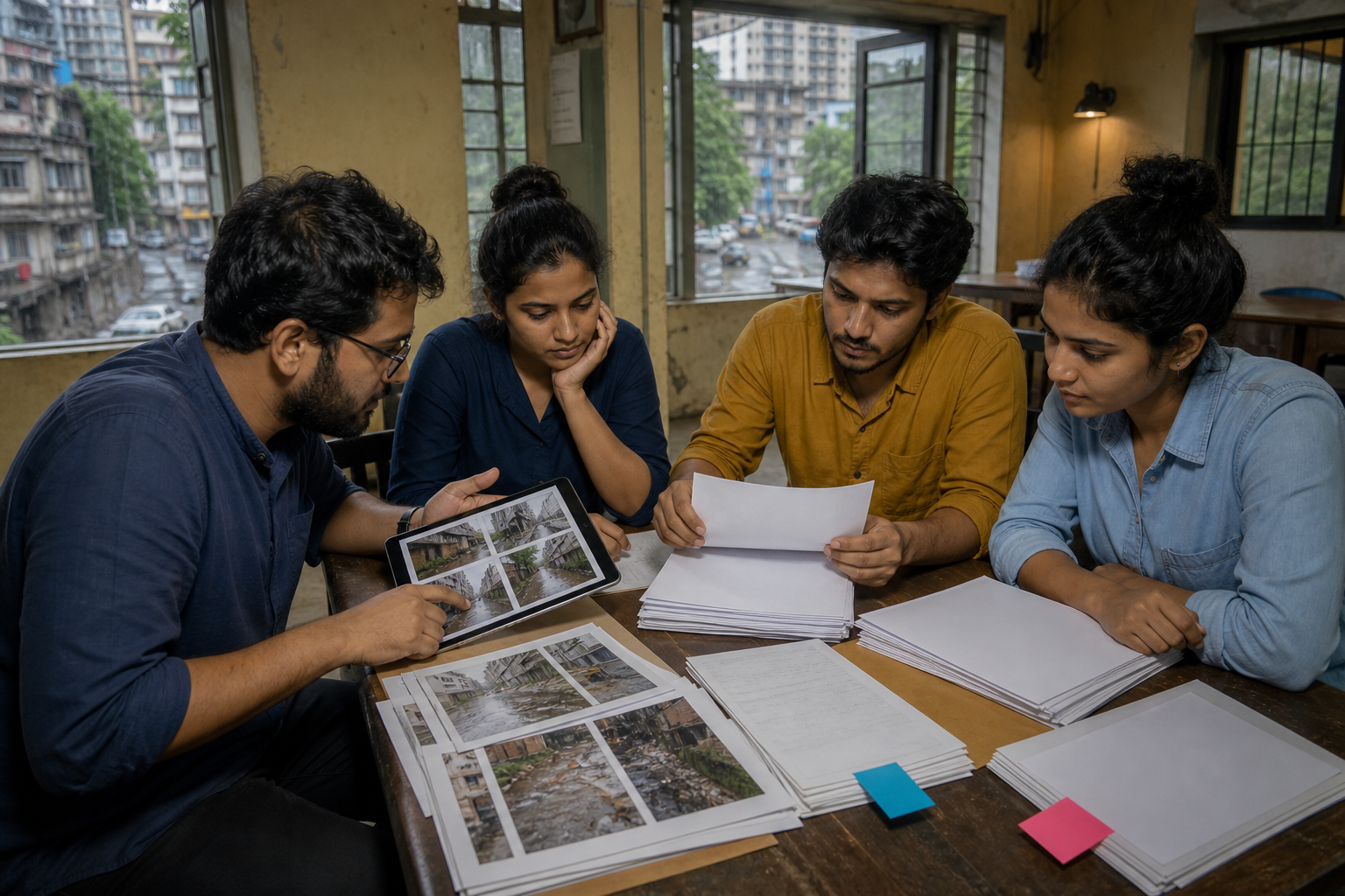 Four young adults in a Mumbai community room review photographs and unmarked documents while organizing verified information and open questions.