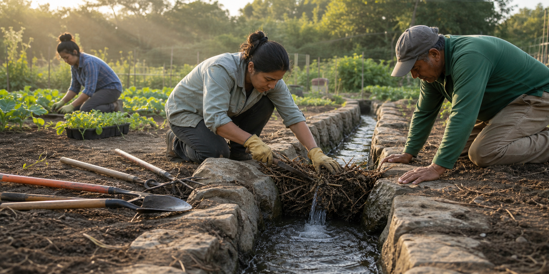 Three people clear tangled roots and debris from a garden water channel as a stream begins flowing toward dry planting beds.