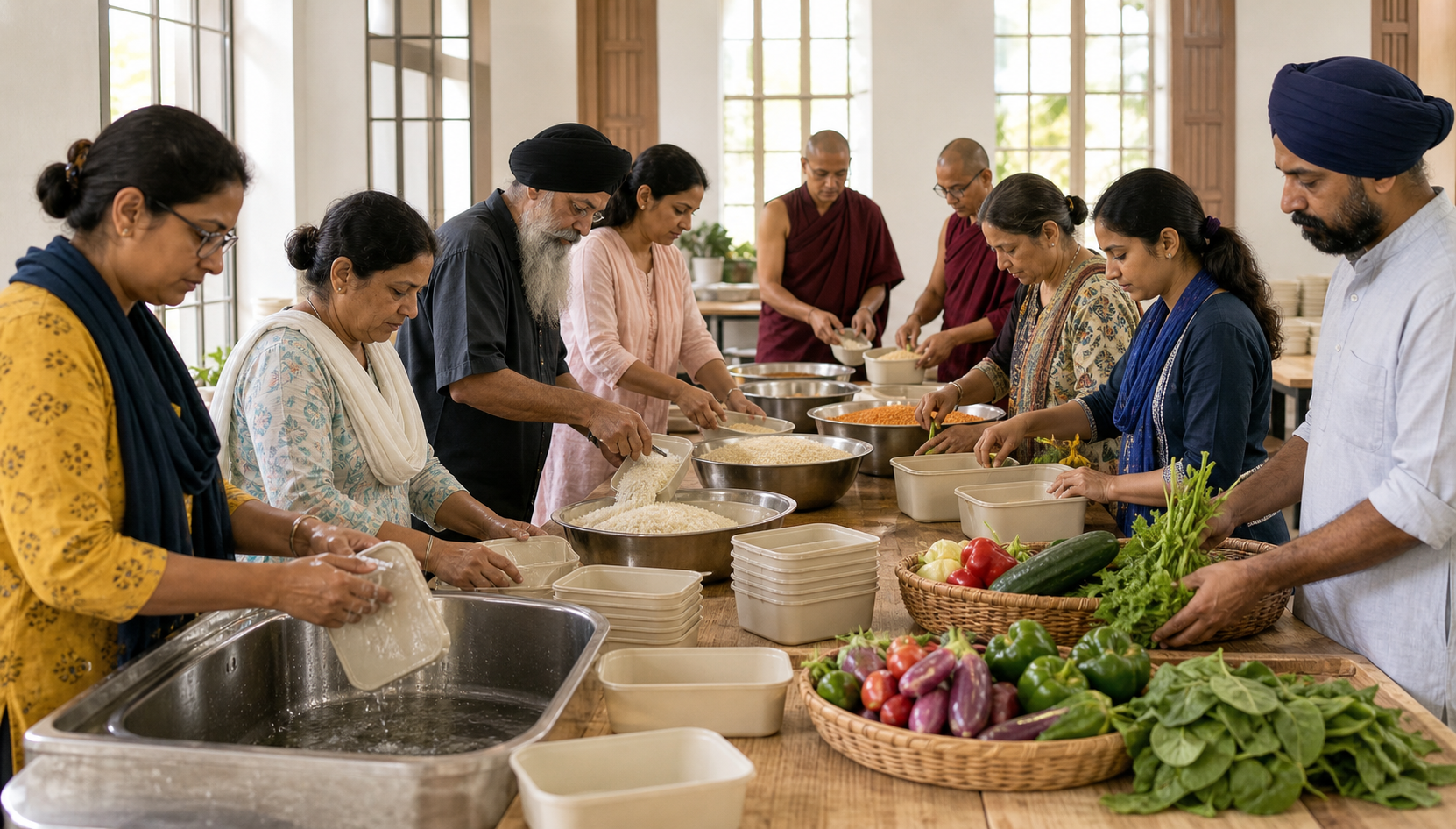 Volunteers from several Dharmic communities wash containers, portion food, and pack meals together at a long table in a community hall.