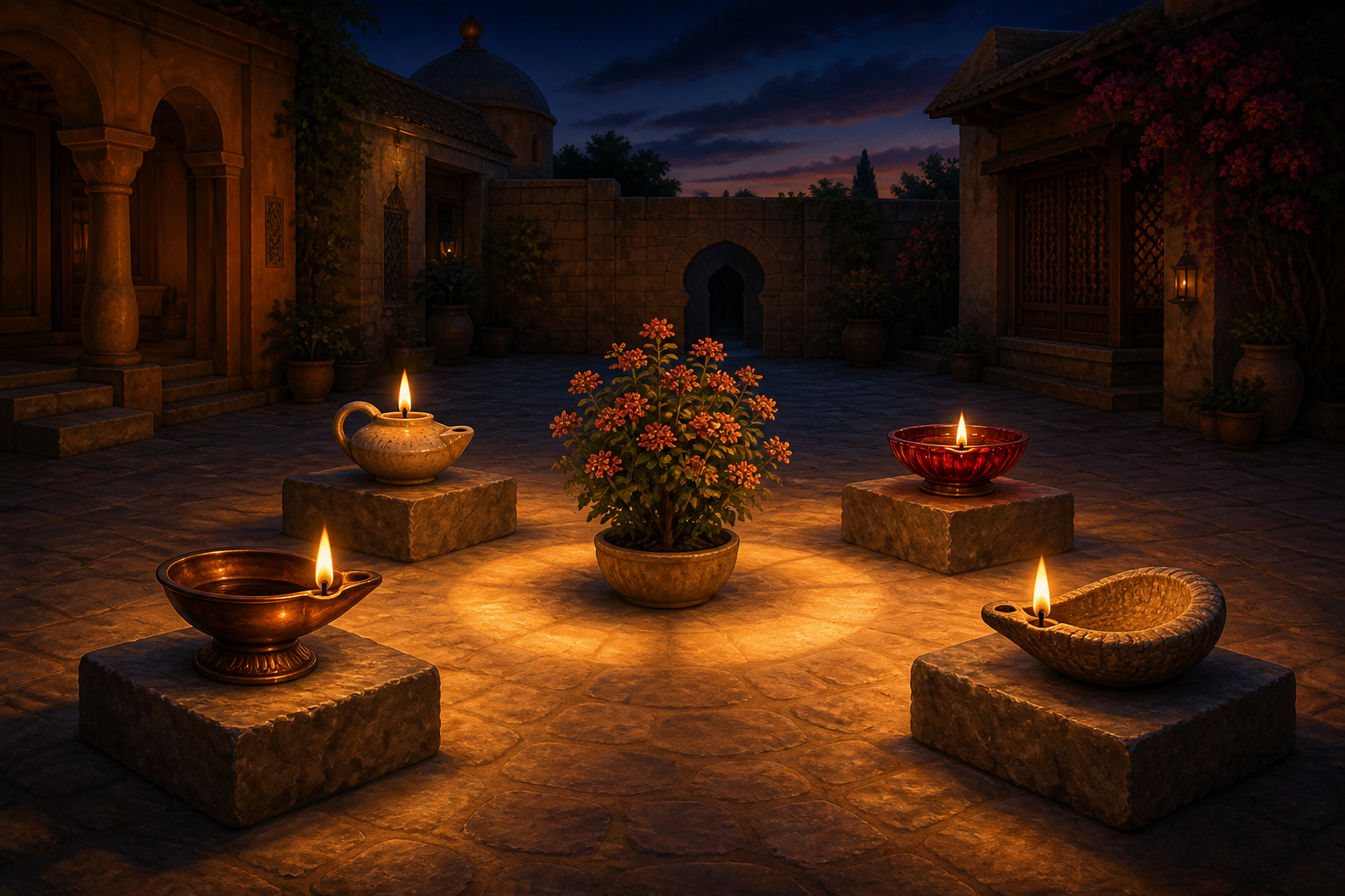 Four differently shaped oil lamps on separate stone plinths cast overlapping light onto a flowering plant in a courtyard at dusk.