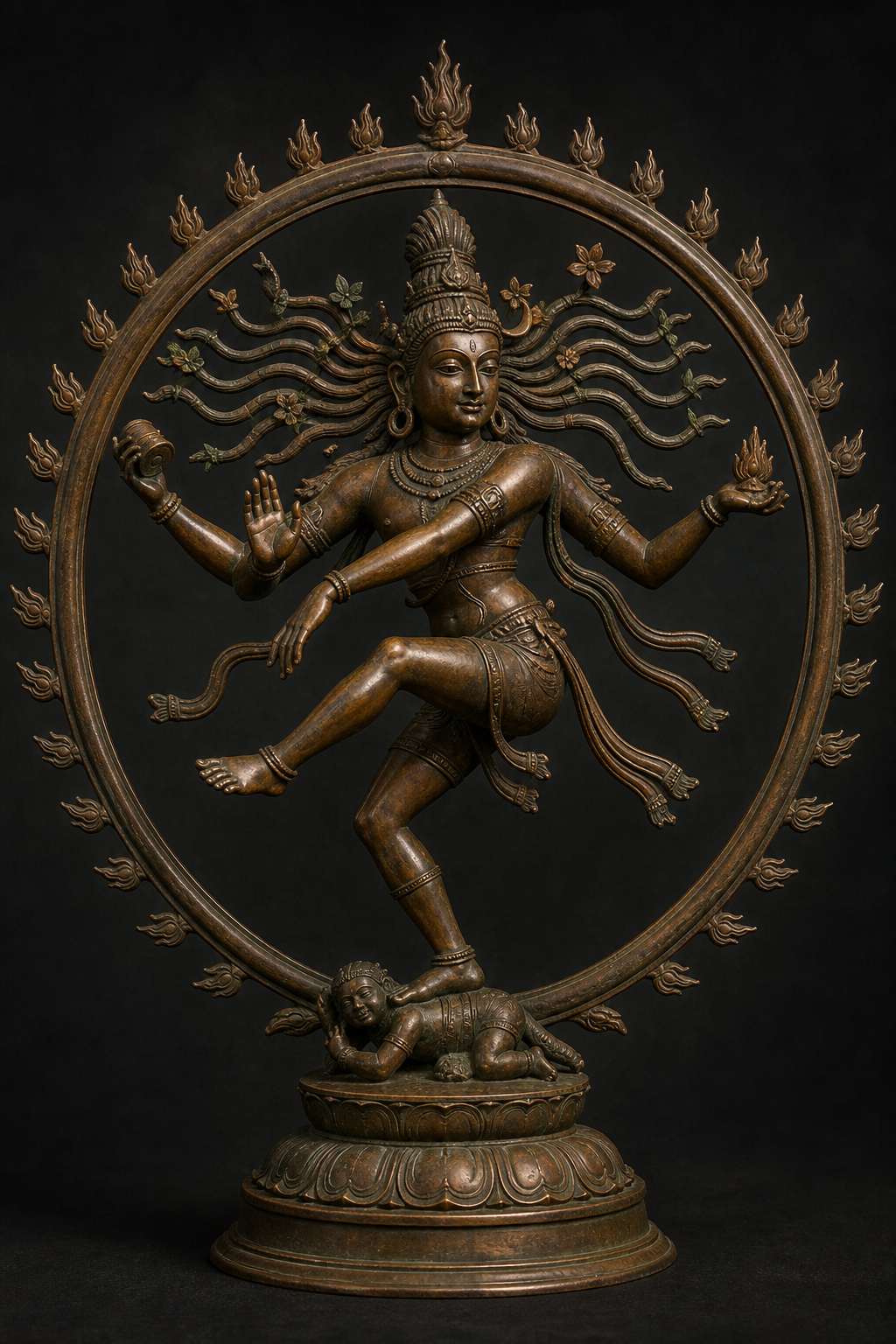 Bronze-style Shiva Nataraja dancing within a ring of flames, with separate matted locks radiating from both sides of his head.