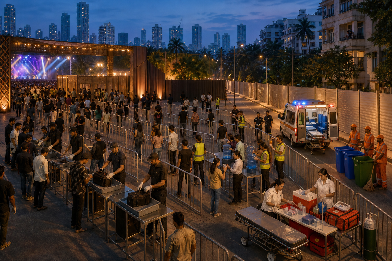 A generic Mumbai music event entrance with respectful security screening, first-aid equipment, water stations, orderly barriers, emergency staff, and sound-control panels.