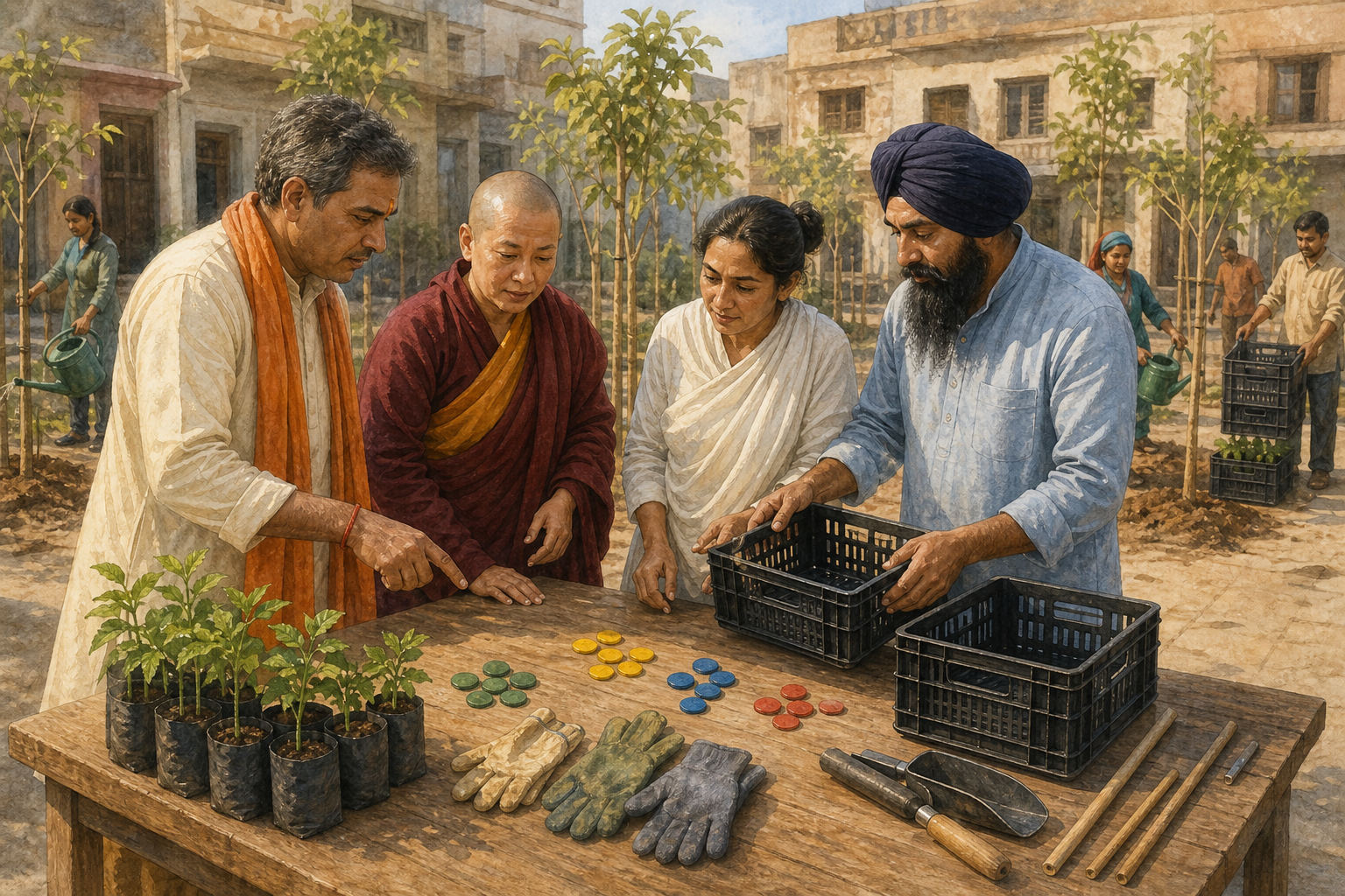 Dharmic community organizers review seedlings, reusable crates, tools, and colored counters after a neighborhood service event.