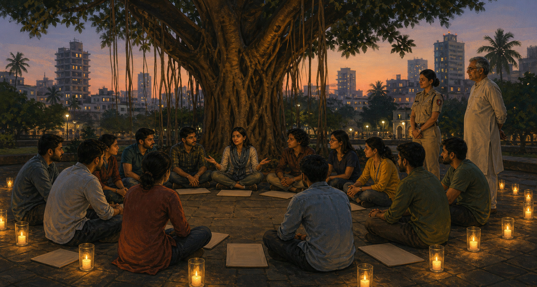 Young Mumbai residents with differing views sit in a peaceful listening circle beneath a banyan tree while community observers stand nearby.