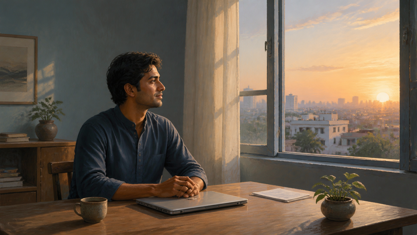 A calm professional sits at a wooden desk beside an open window as warm dawn light enters the room.