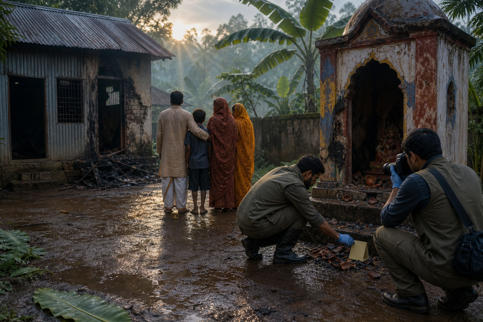 An anonymous Hindu family stands near a fire-damaged home and vandalized neighborhood shrine while volunteers carefully photograph the scorched courtyard at dawn.