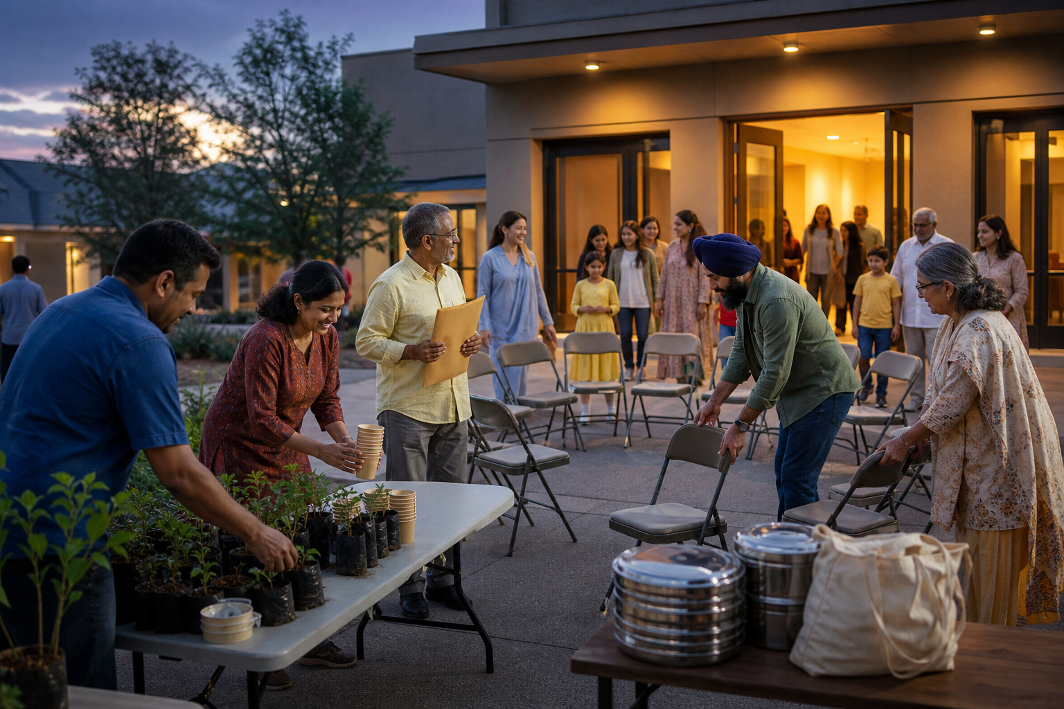 Neighbors from Hindu, Buddhist, Jain, and Sikh communities arrange chairs, tables, meal containers, and saplings for an evening gathering.
