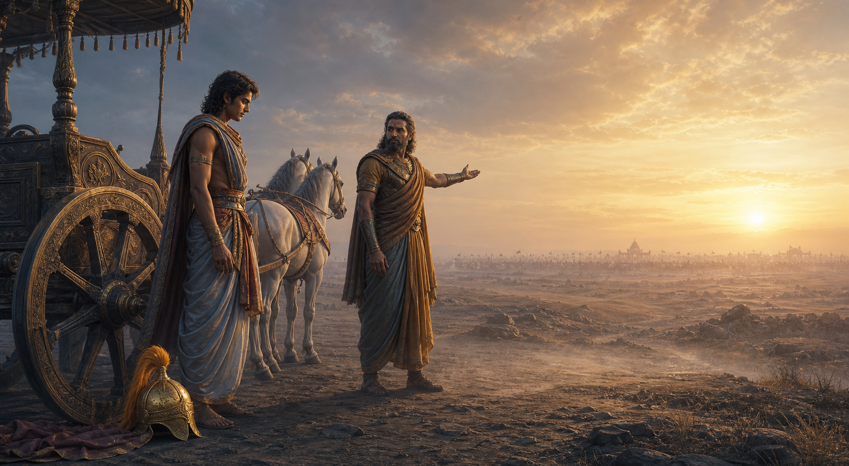A young prince and an experienced warrior-guide stand beside a chariot at dawn, looking toward a distant battlefield.