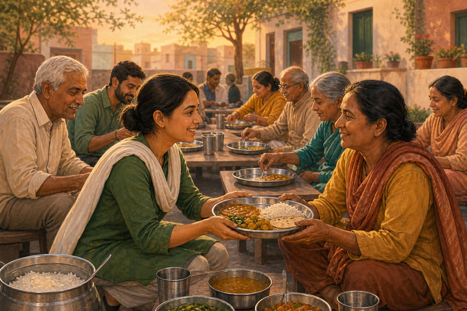 A volunteer offers a plate of rice, lentils, vegetables, and flatbread to a guest at a shared community meal.